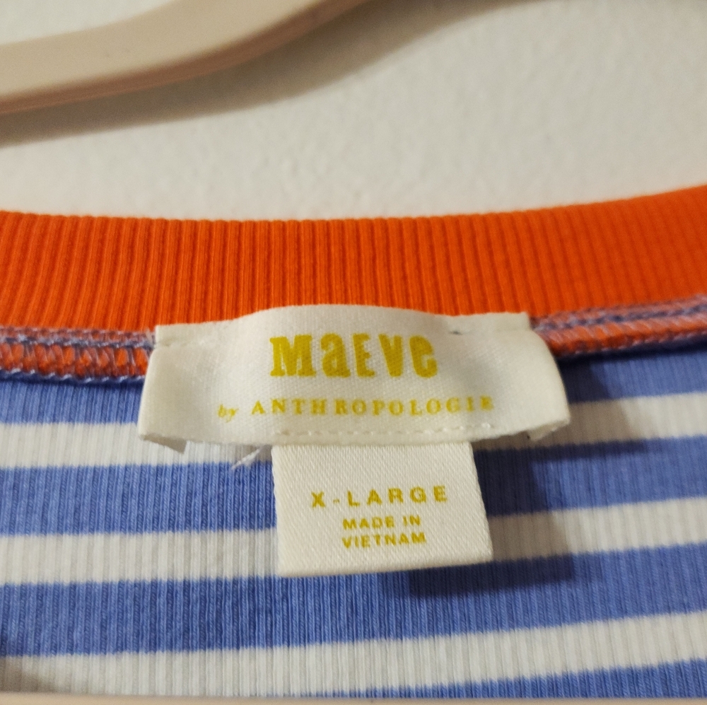 Anthropologie Maeve Blue & White Striped Top with Orange Trim - Picture 2 of 2